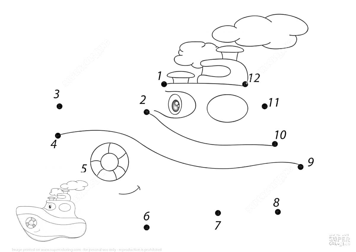 На раскраске изображено: По точкам, Корабль, Пар, Круги, Обучение