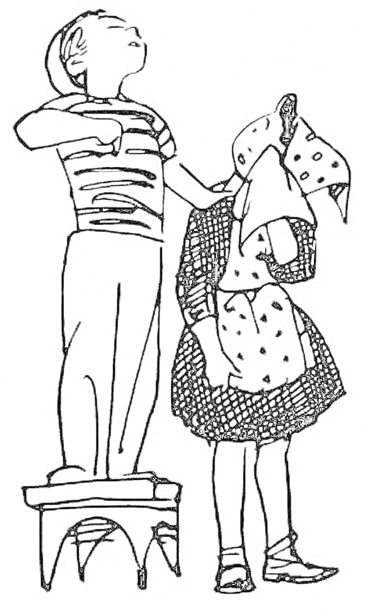 Раскраска мальчик в полосатой футболке на табуретке и плачущая девочка в платочке