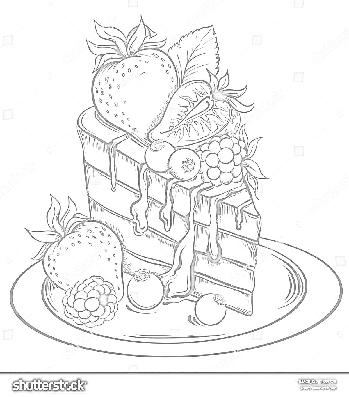 На раскраске изображено: Торт, Кусок торта, Ягоды, Клубника, Малина, Черника, Еда