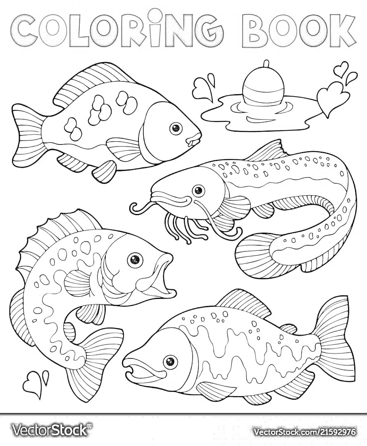 На раскраске изображено: Речные рыбы, Поплавок, Вода, Рыбалка
