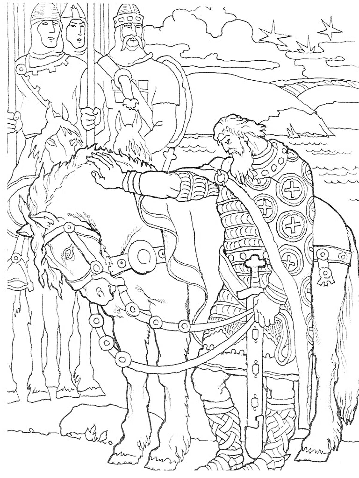 Раскраска Богатыри со щитами, мечами и лошадью на фоне природы и крепости