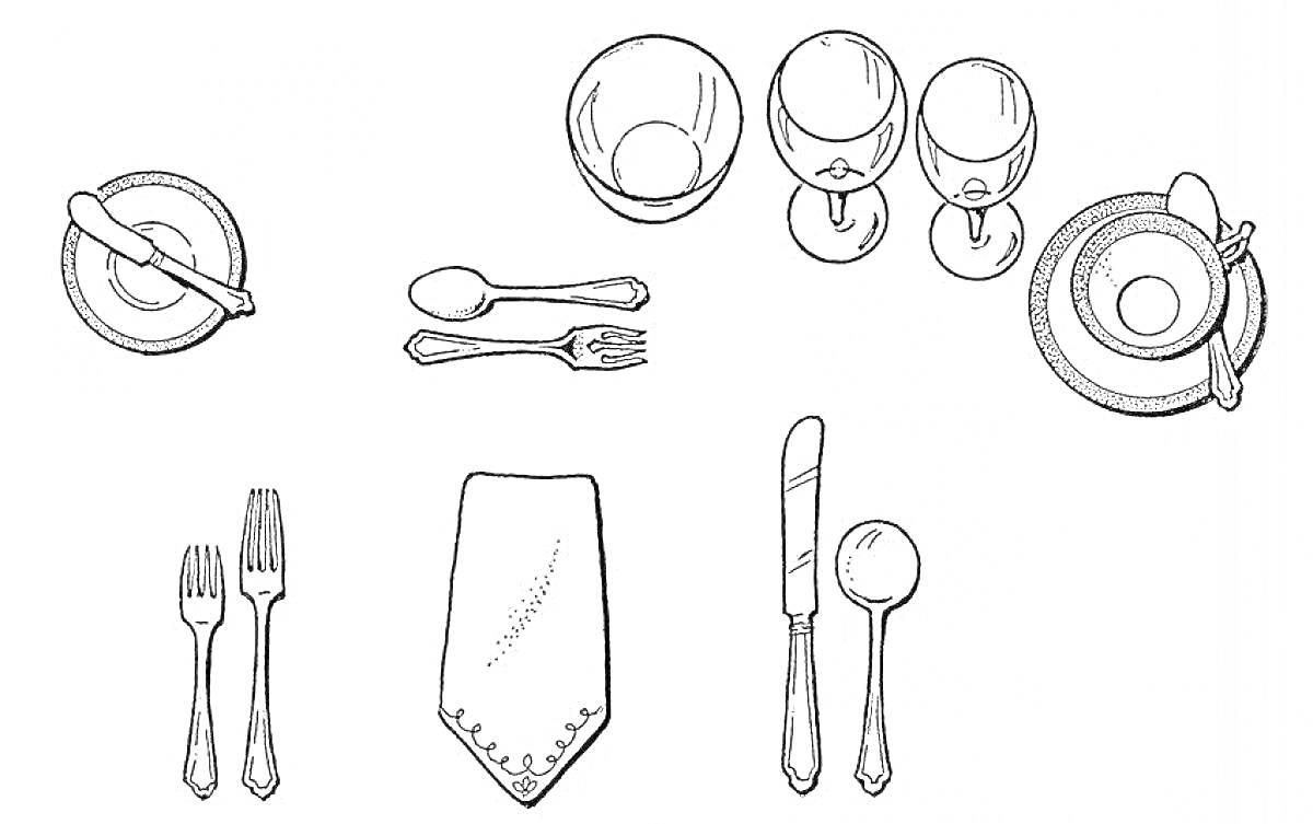 На раскраске изображено: Сервировка, Стол, Вилки, Стакан