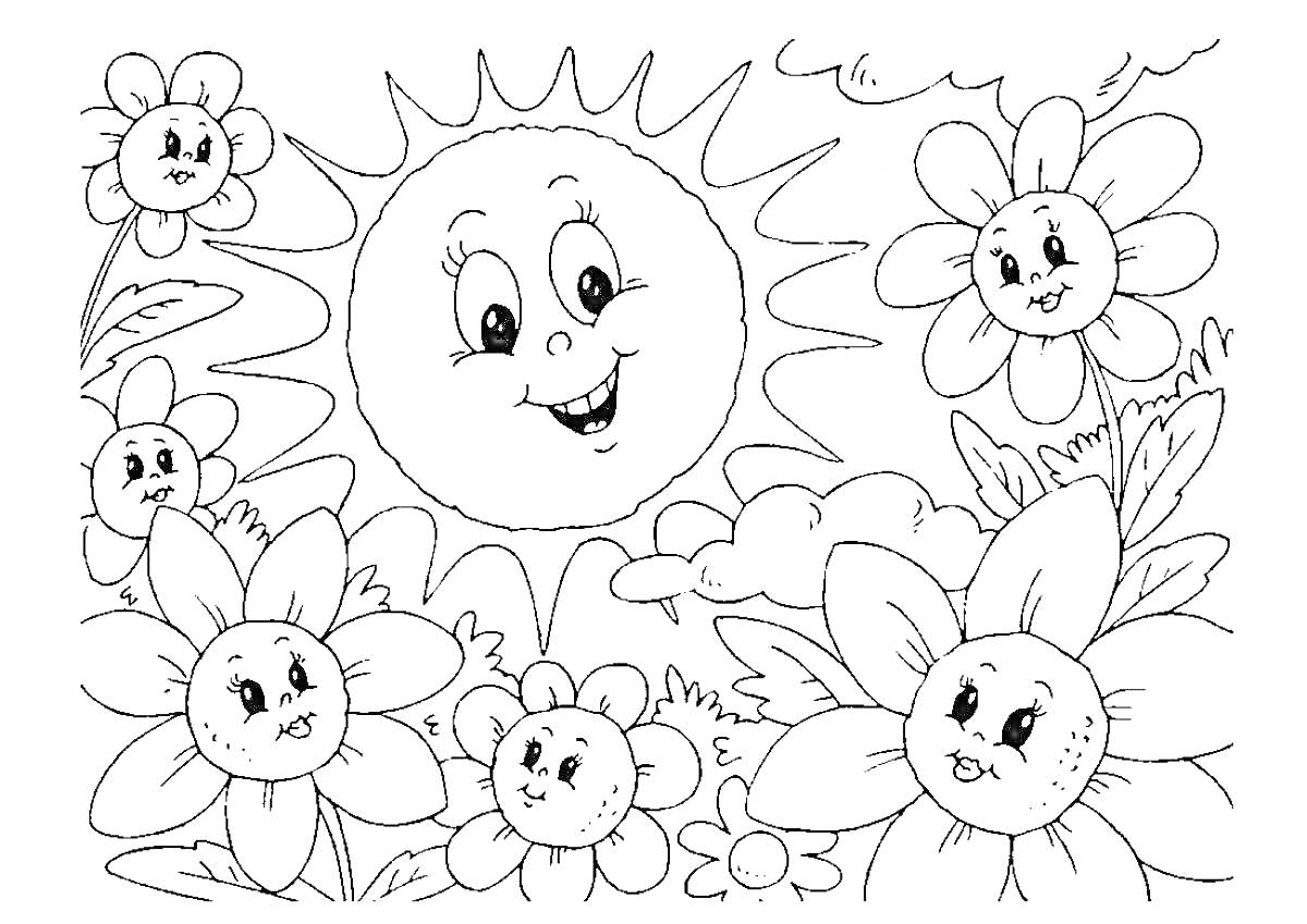 На раскраске изображено: Лето, Солнце, Облака, Цветы, Улыбка, Природа, Для детей