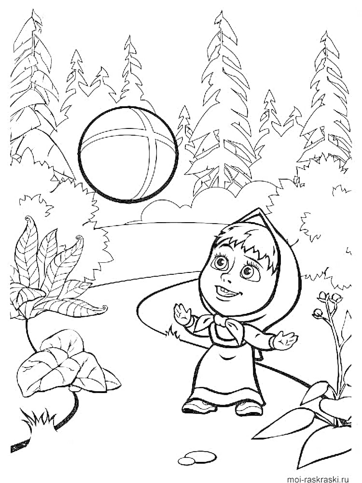 Раскраска Девочка в платке играет с мячом на лесной тропинке