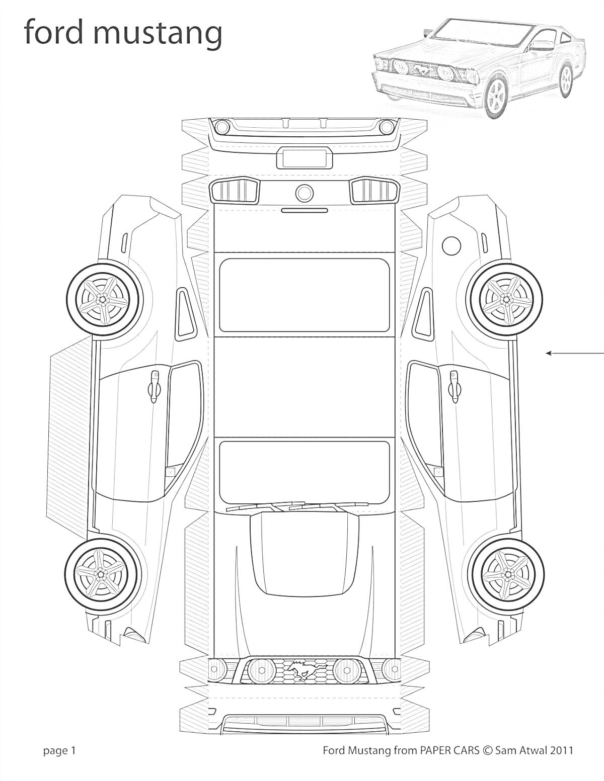Раскраска Развертка автомобиля Ford Mustang, вид сверху, стороны, перед, зад