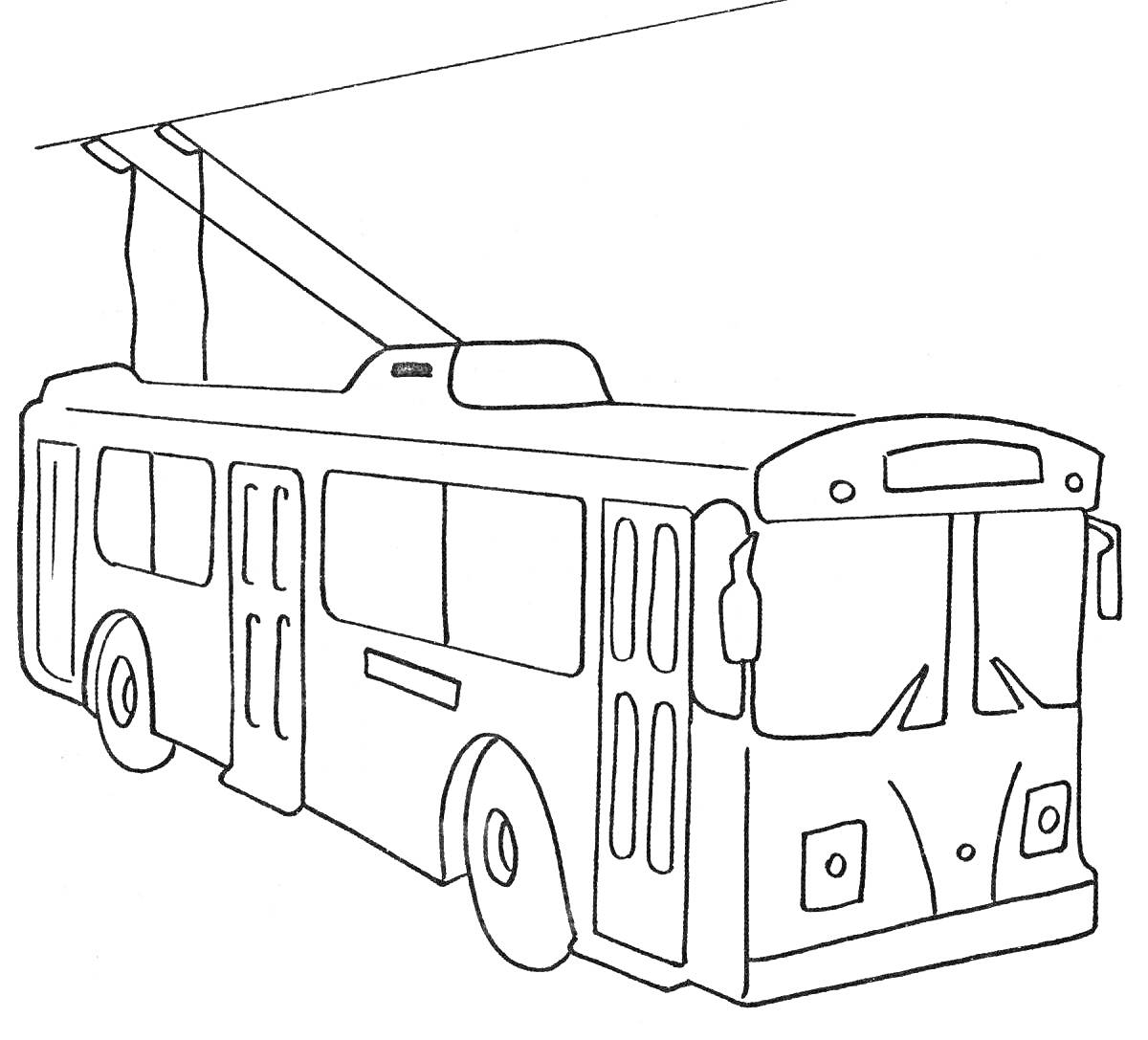 Раскраска Троллейбус с рогами под линией электропередачи