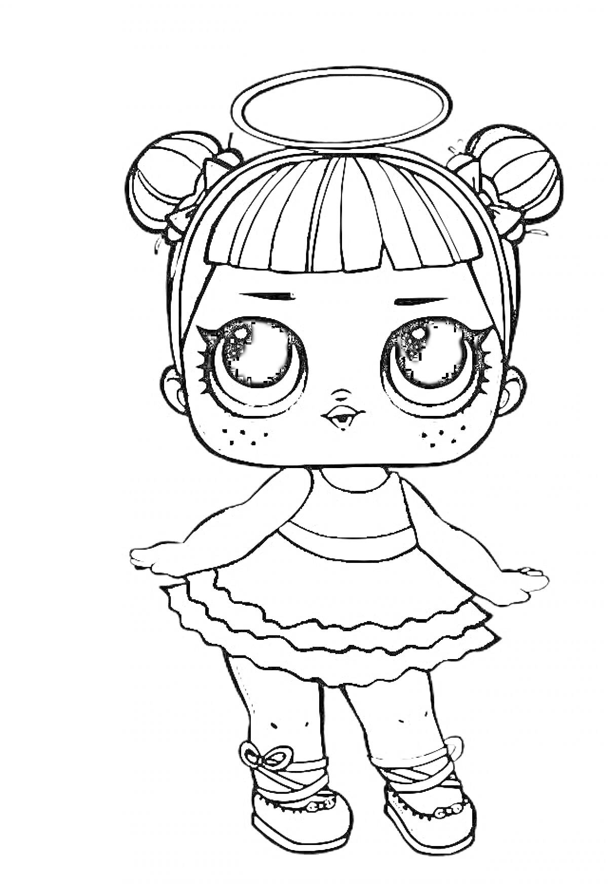 Раскраска Кукла Лол с нимбом, бантиками на волосах, платьем с оборками и туфлями с ленточками