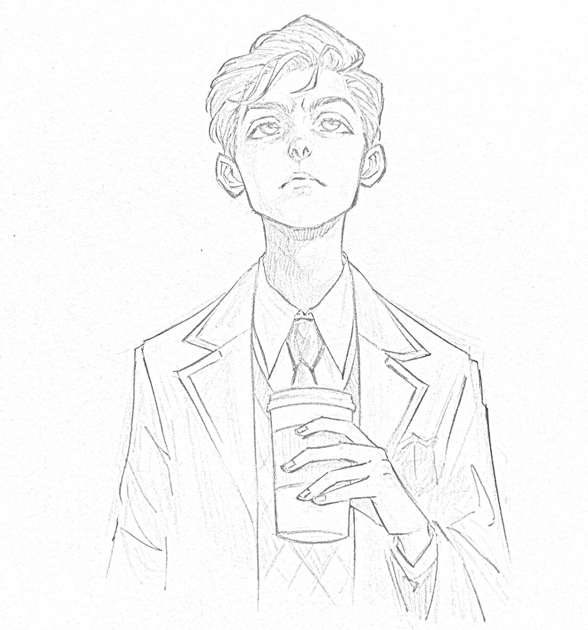 РаскраскаПортрет молодого человека с чашкой кофе, в костюме и галстуке