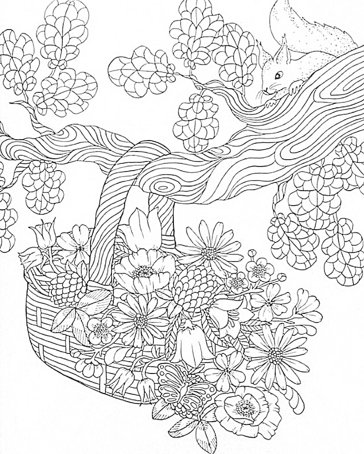 РаскраскаБелка и букет цветов в корзине на ветке дерева