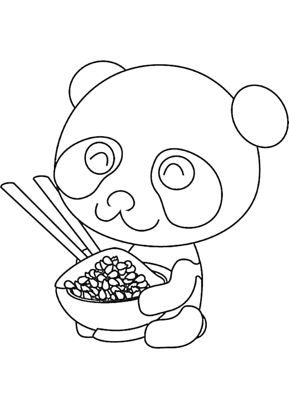 Панда с миской риса и палочками