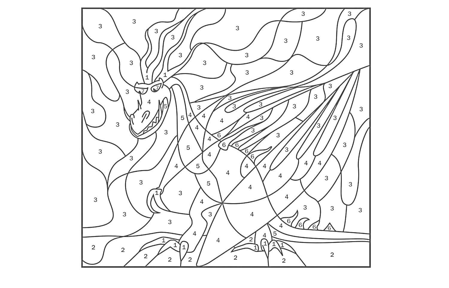 На раскраске изображено: По номерам, Как приручить дракона, Дракон, Огонь, Творчество, Антистресс