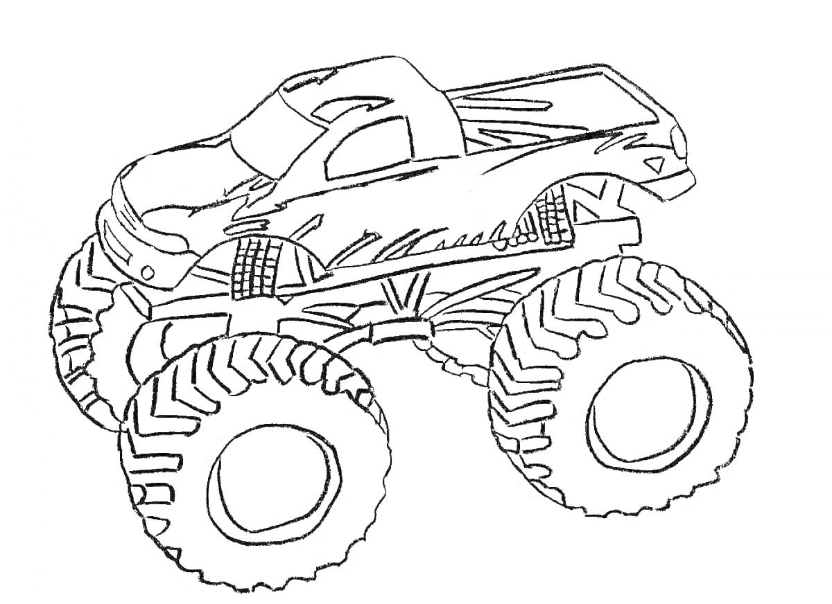 Раскраска Монстр трак с большими шинами и подвеской