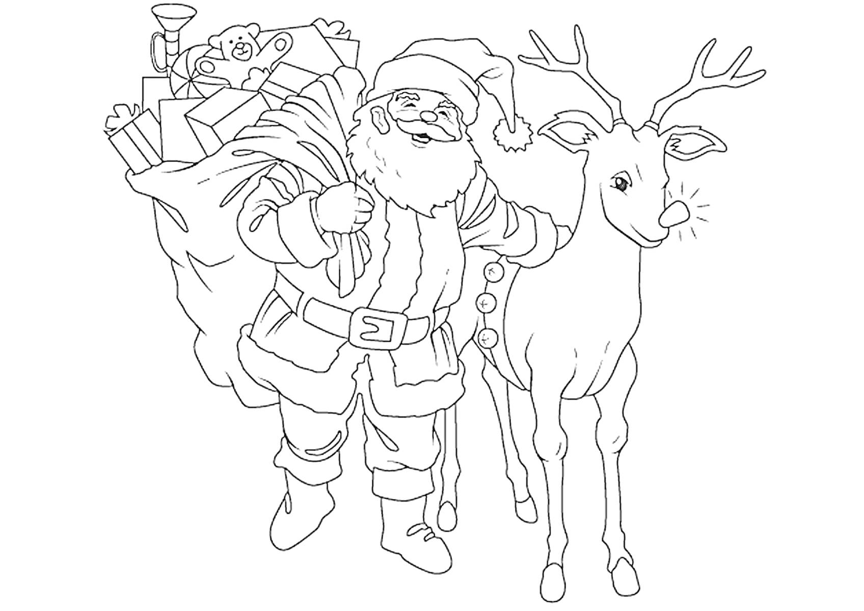 Раскраска Дед Мороз с мешком подарков и олень с красным носом