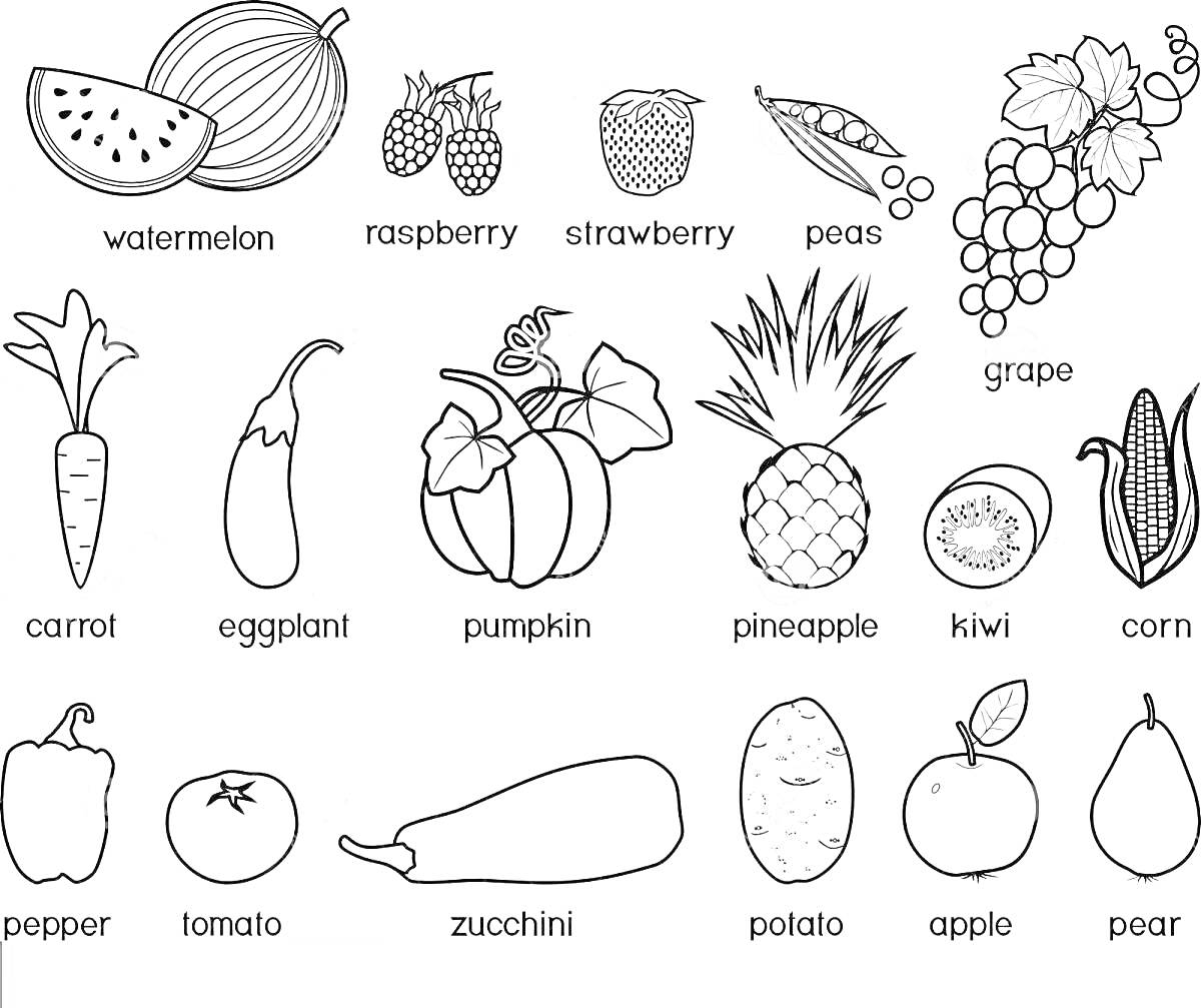 На раскраске изображено: Овощи, Фрукты, Английский язык, Арбуз, Малина, Клубника, Горох, Виноград, Морковь, Баклажан, Тыква, Ананас, Киви, Кукуруза, Перец, Помидор, Яблоко