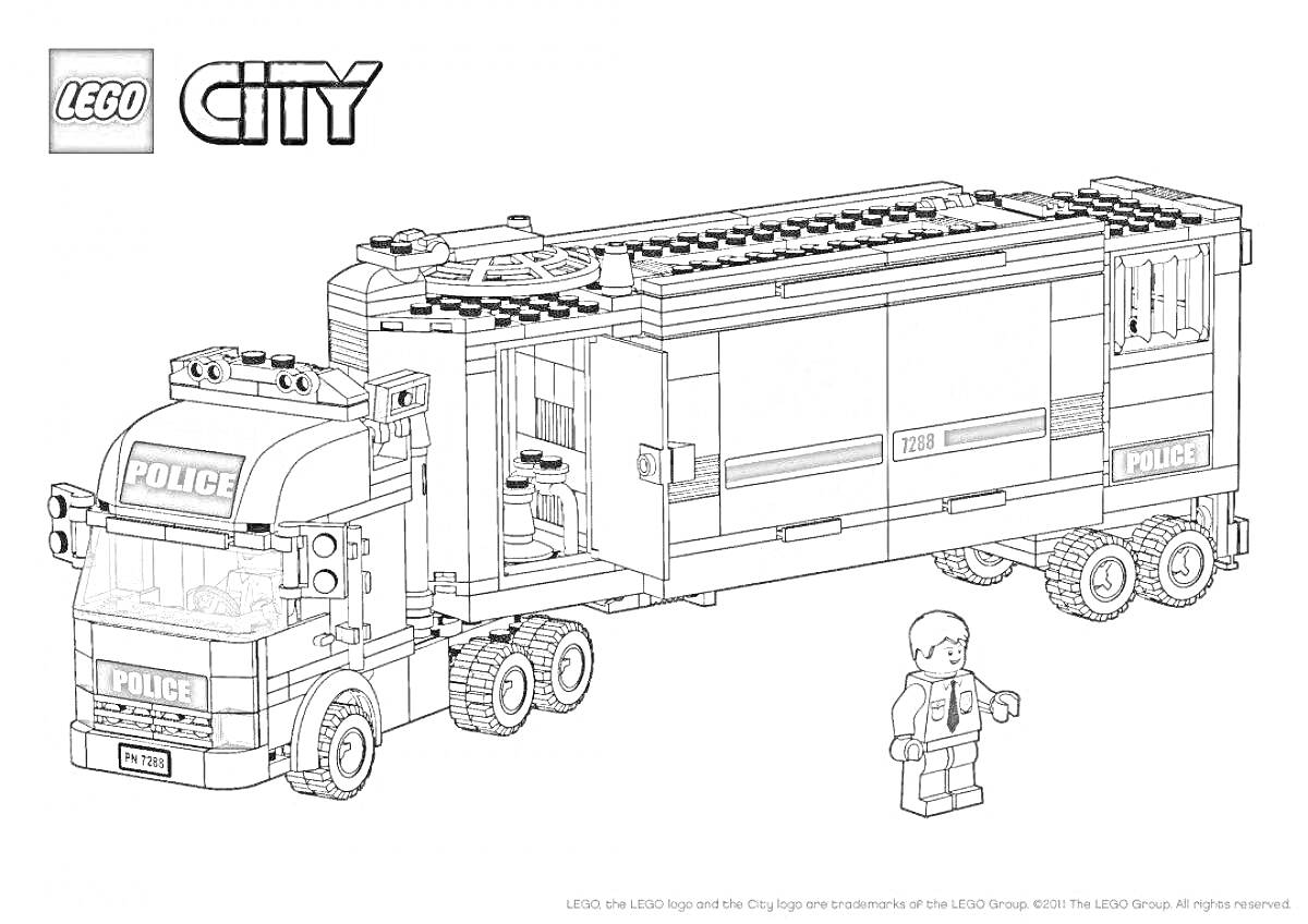На раскраске изображено: Лего, Полицейская машина, Транспорт, Города, Игрушки, Полиция
