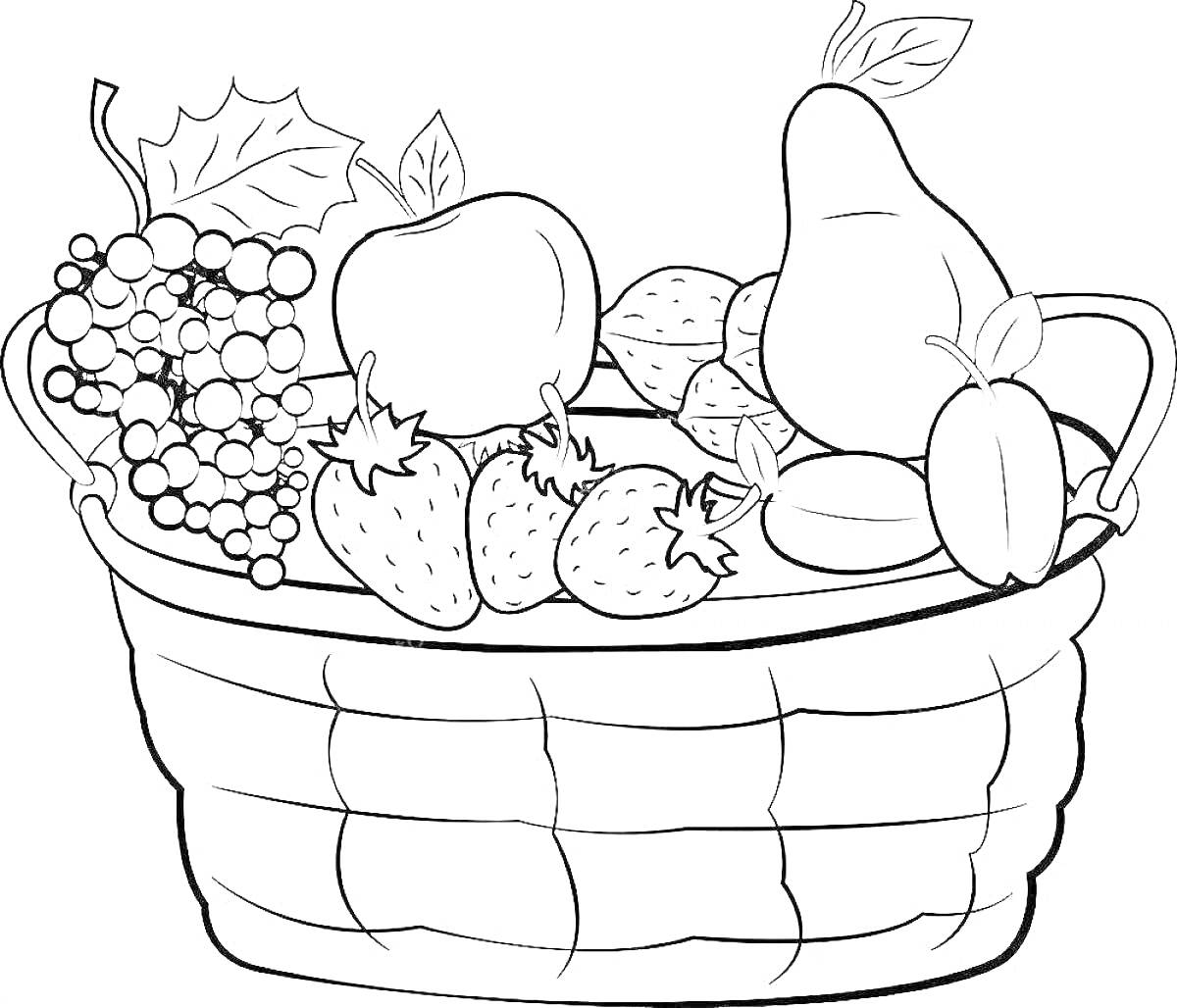 На раскраске изображено: Фрукты, Овощи, Корзина, Виноград, Яблоко, Клубника, Слива, Еда, Овощи и фрукты
