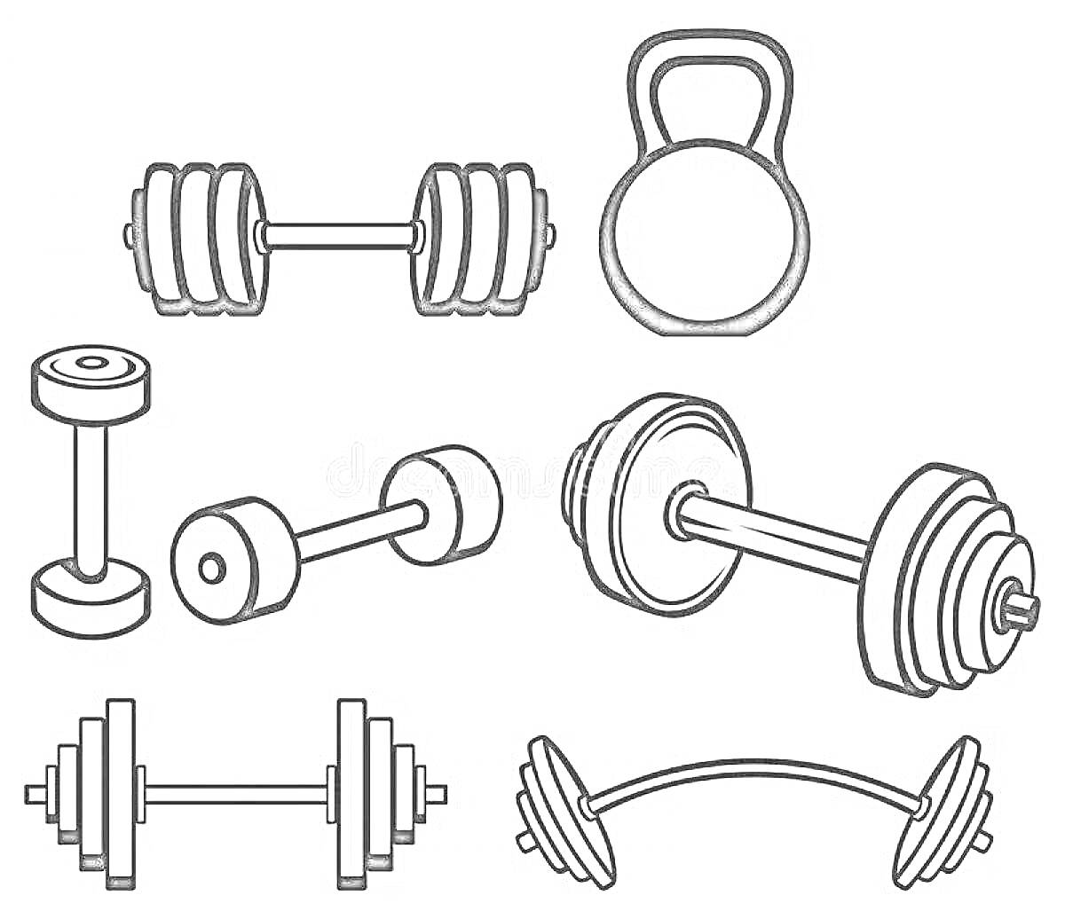 На раскраске изображено: Гантели, Спортивный инвентарь, Тренировки, Фитнес, Силовые упражнения, Спорт, Здоровый образ жизни, Гиря, Контурные рисунки