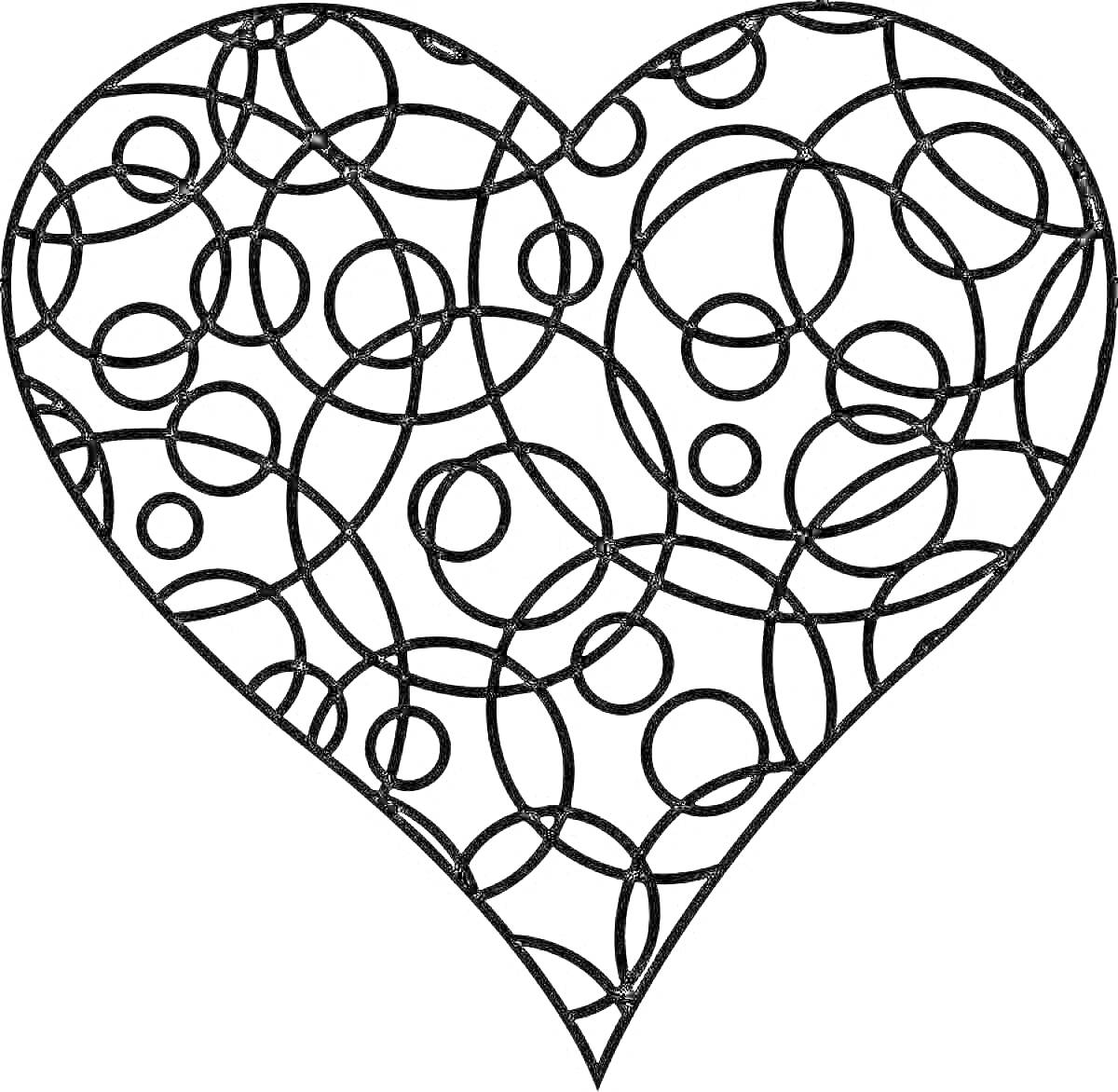 На раскраске изображено: Кружки, Линии, Контурное изображение, Сердца, Узоры, 4-5 лет