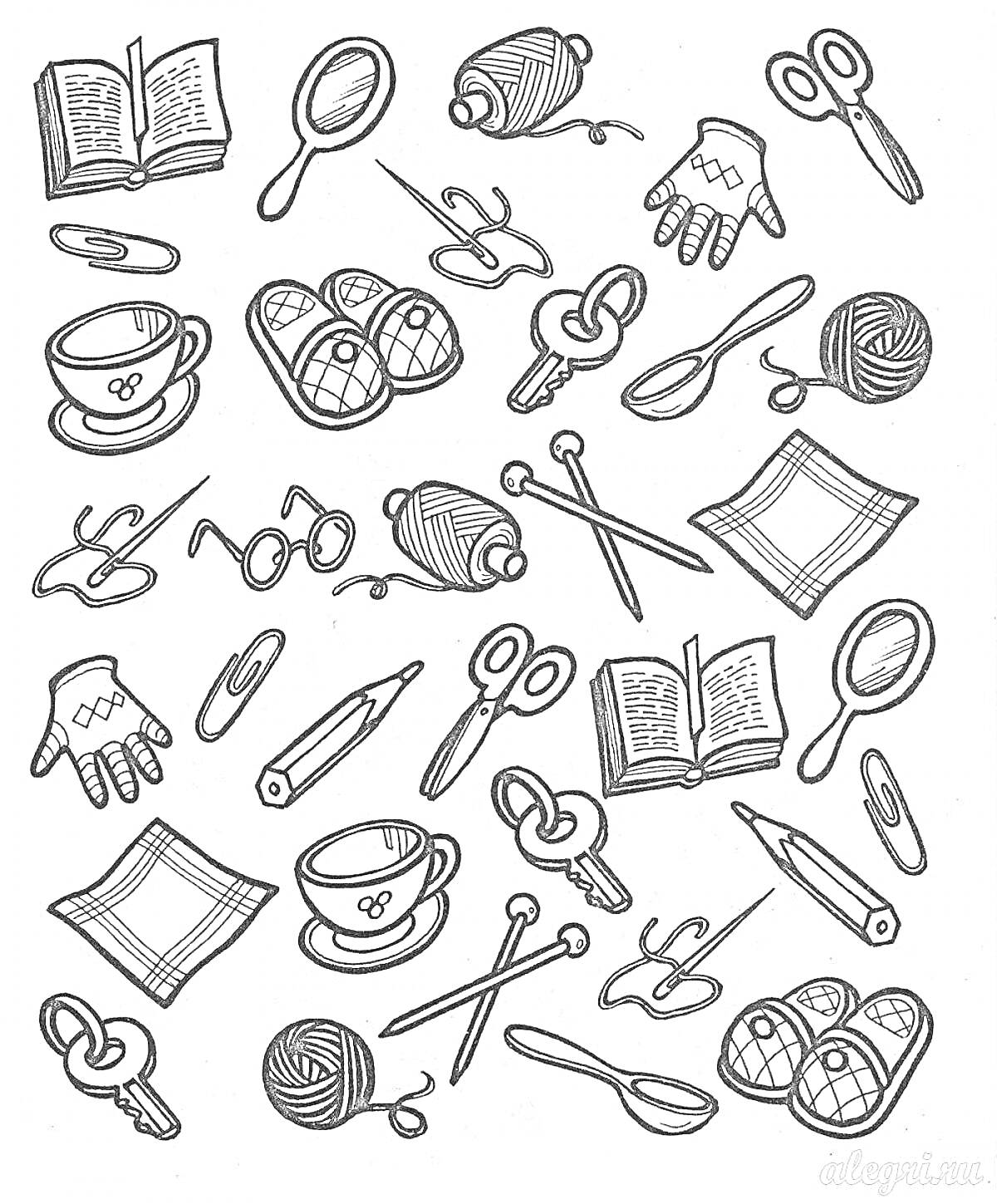 Раскраска Ключи, ножницы, иголка, клубок ниток, книги, чашки, очки, перо, ложка, носки, салфетки, перчатки, зеркало