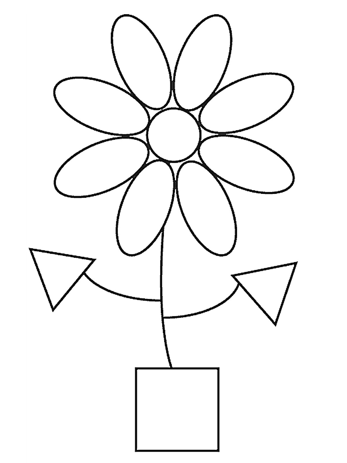 Раскраска Цветок с круглыми лепестками, квадратным горшком и треугольными листьями
