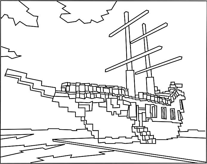 Раскраска Пиратский корабль из Майнкрафт с тремя мачтами и ступеньками на фоне моря