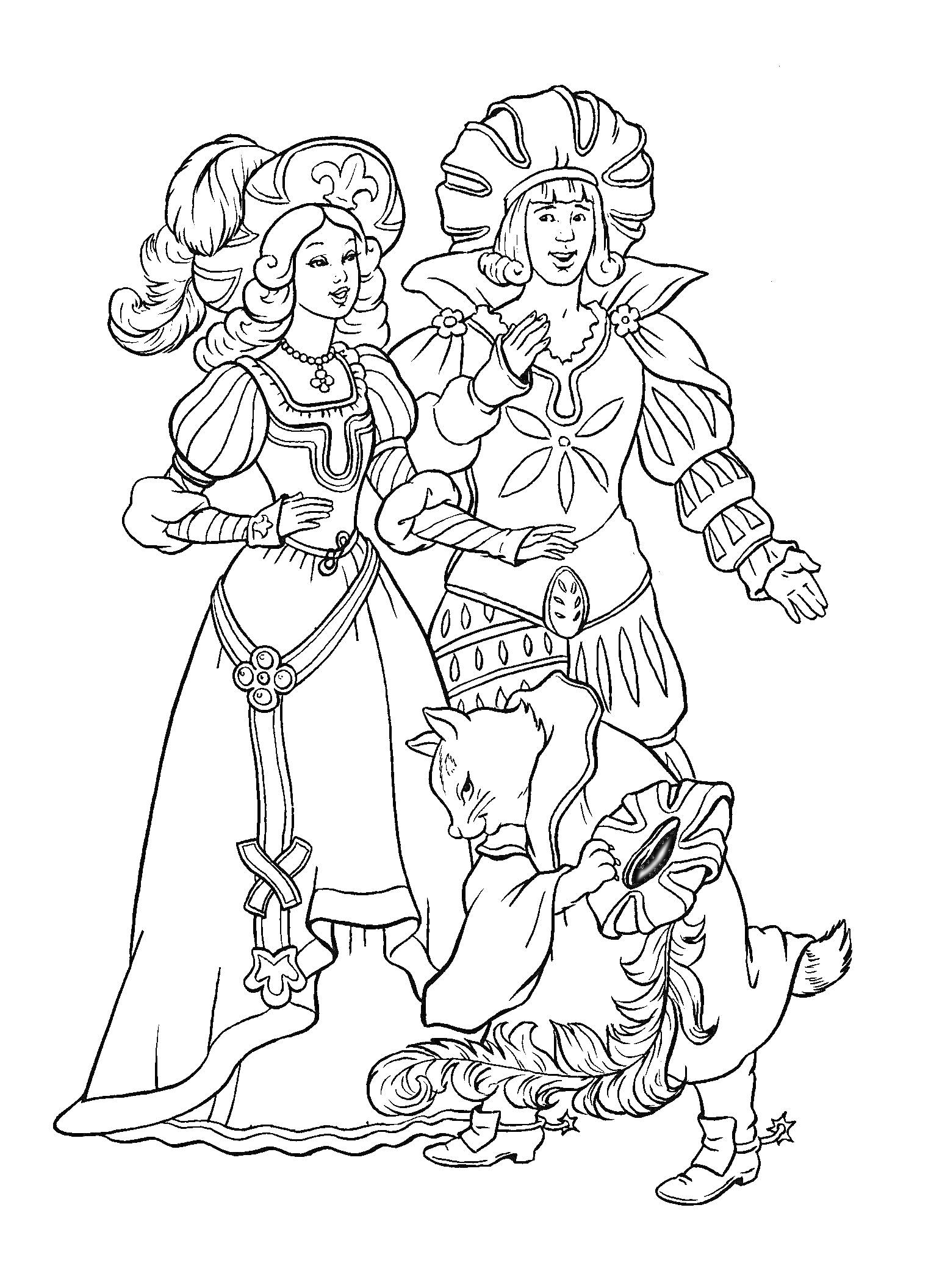 Раскраска Кот в сапогах с принцессой и принцем в средневековых нарядах