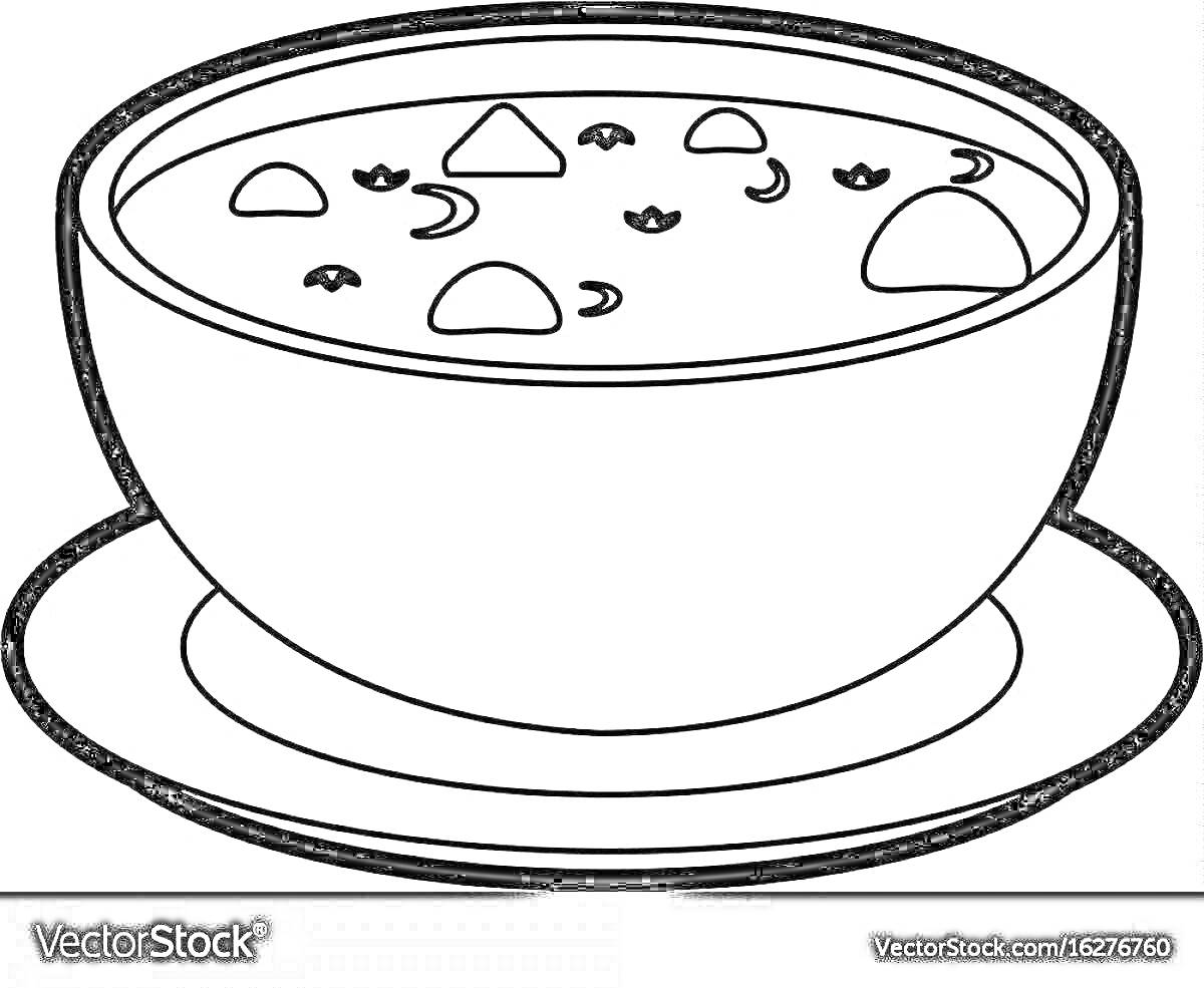 Раскраска тарелка супа щи, куски овощей, тарелка на блюдце
