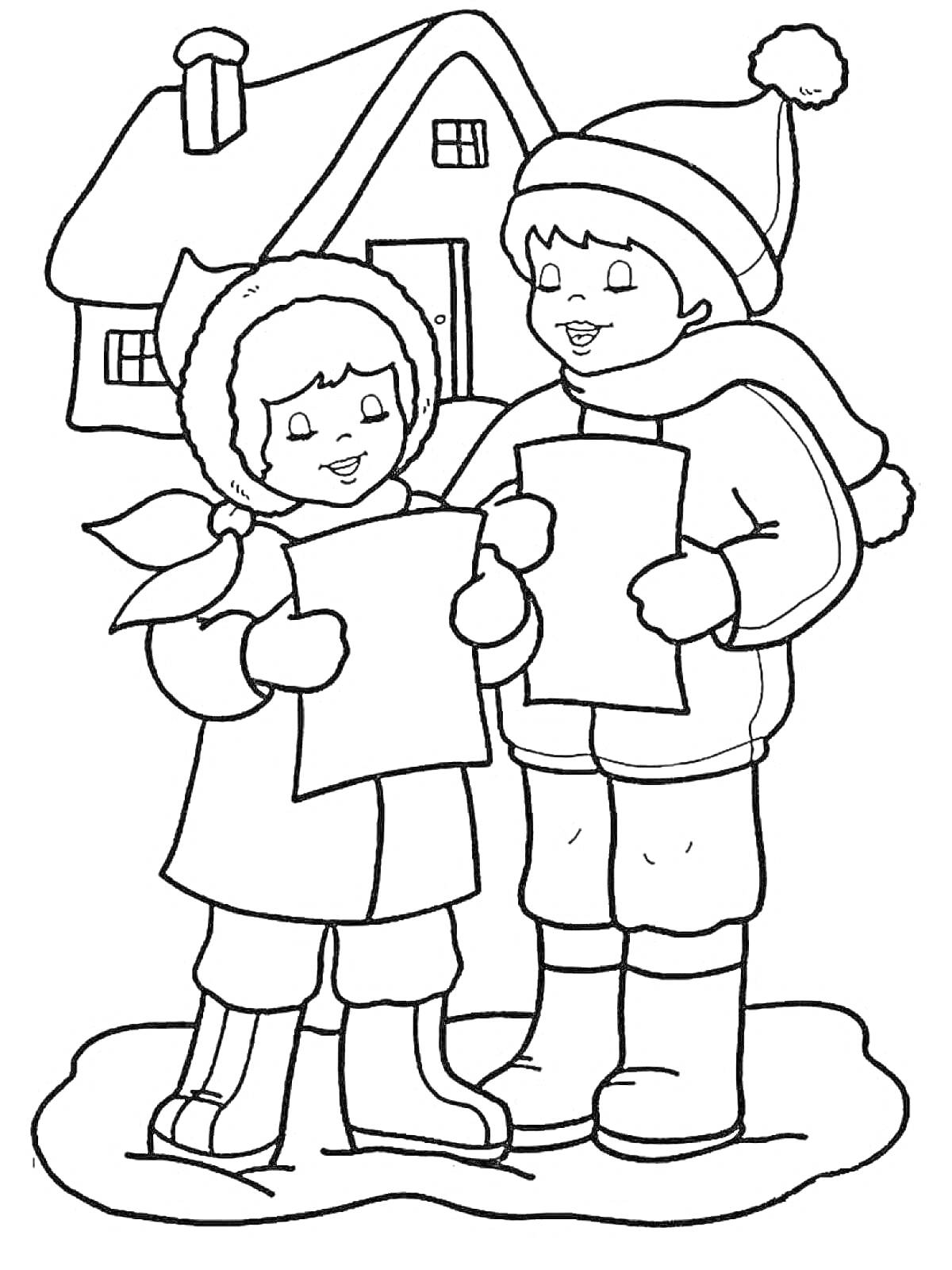 На раскраске изображено: Рождество, Колядки, Дом, Зима, Шапка, Шарф, Сапоги, Снег, Для детей