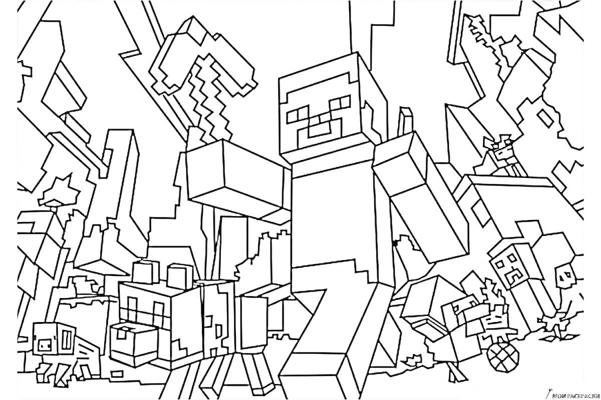 На раскраске изображено: Майнкрафт, Кирка, Зомби, Крипер, Железный голем, Кубический мир, Пиксельный арт