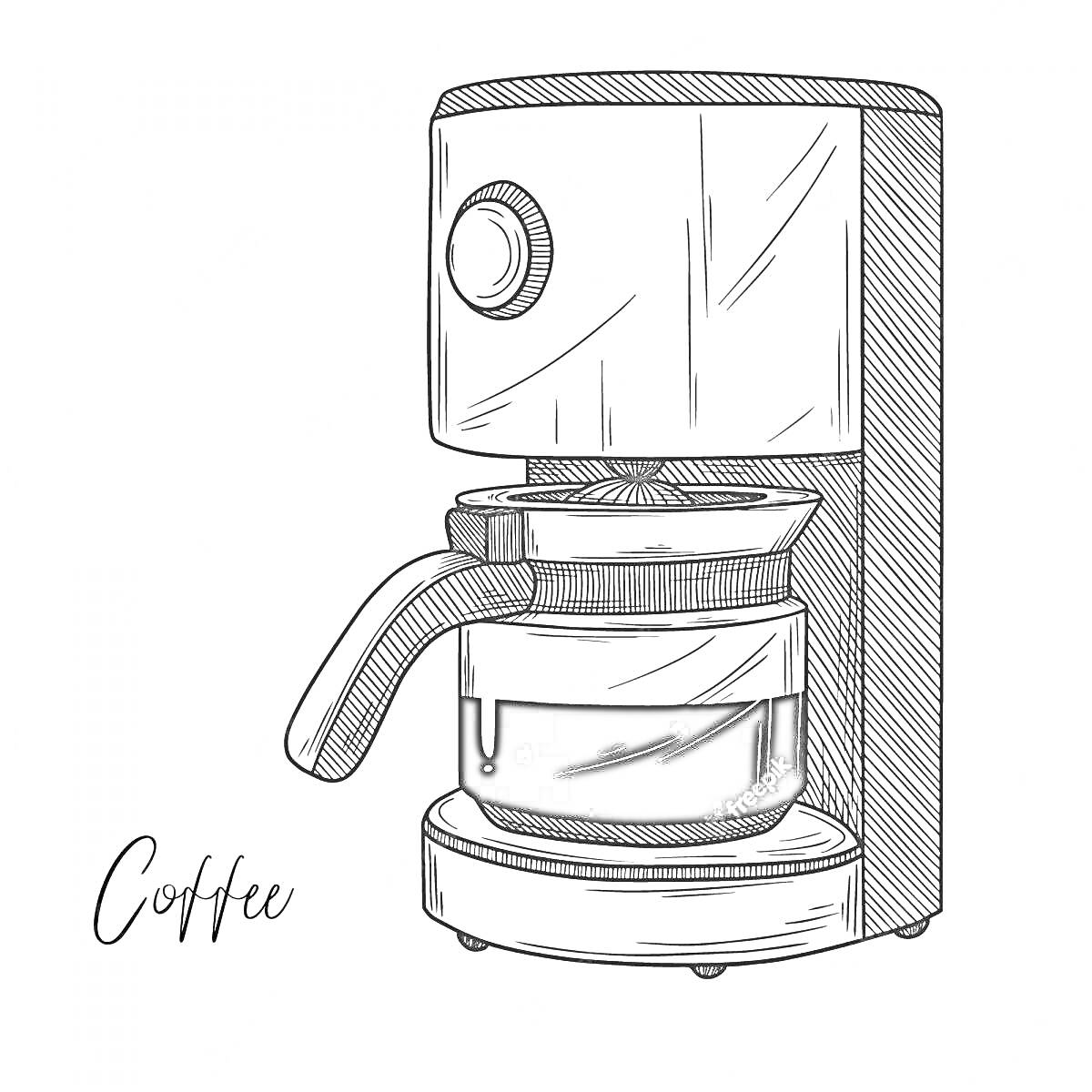 На раскраске изображено: Кофемашина, Кофе, Кофейник, Кухонная техника, Надпись