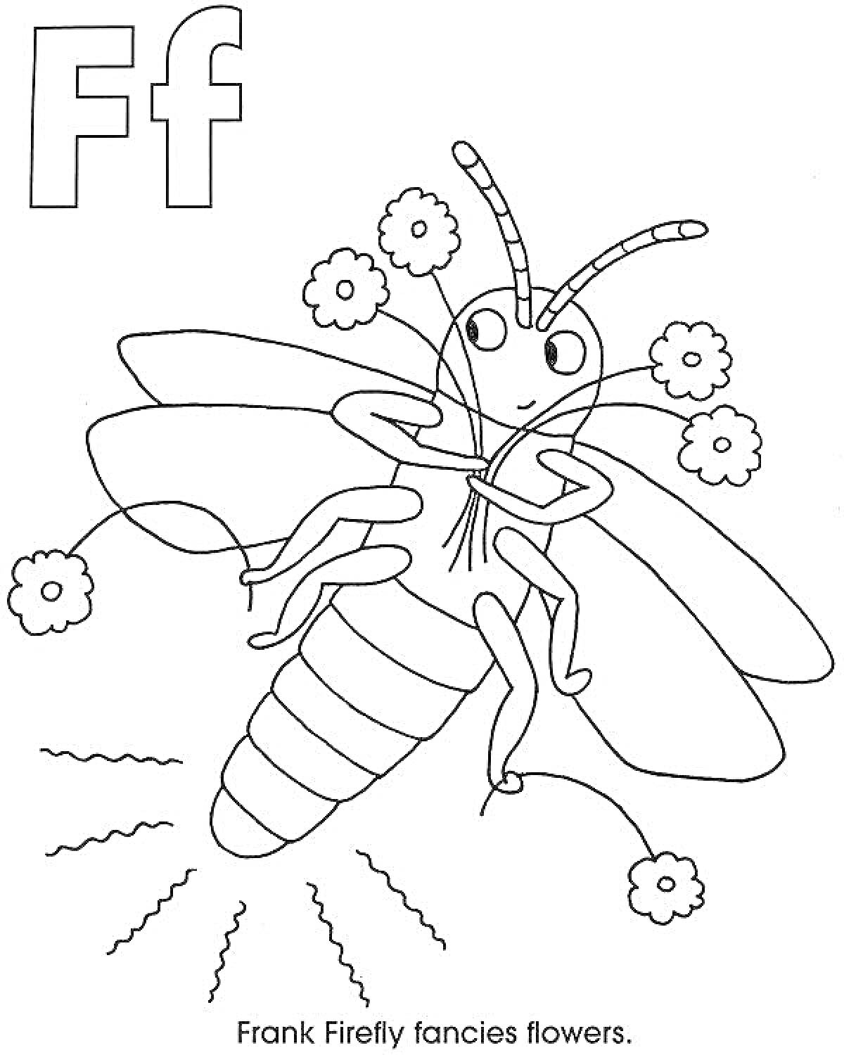На раскраске изображено: Светлячок, Буква F, Цветы, Насекомое, Обучение, Буквы, Природа