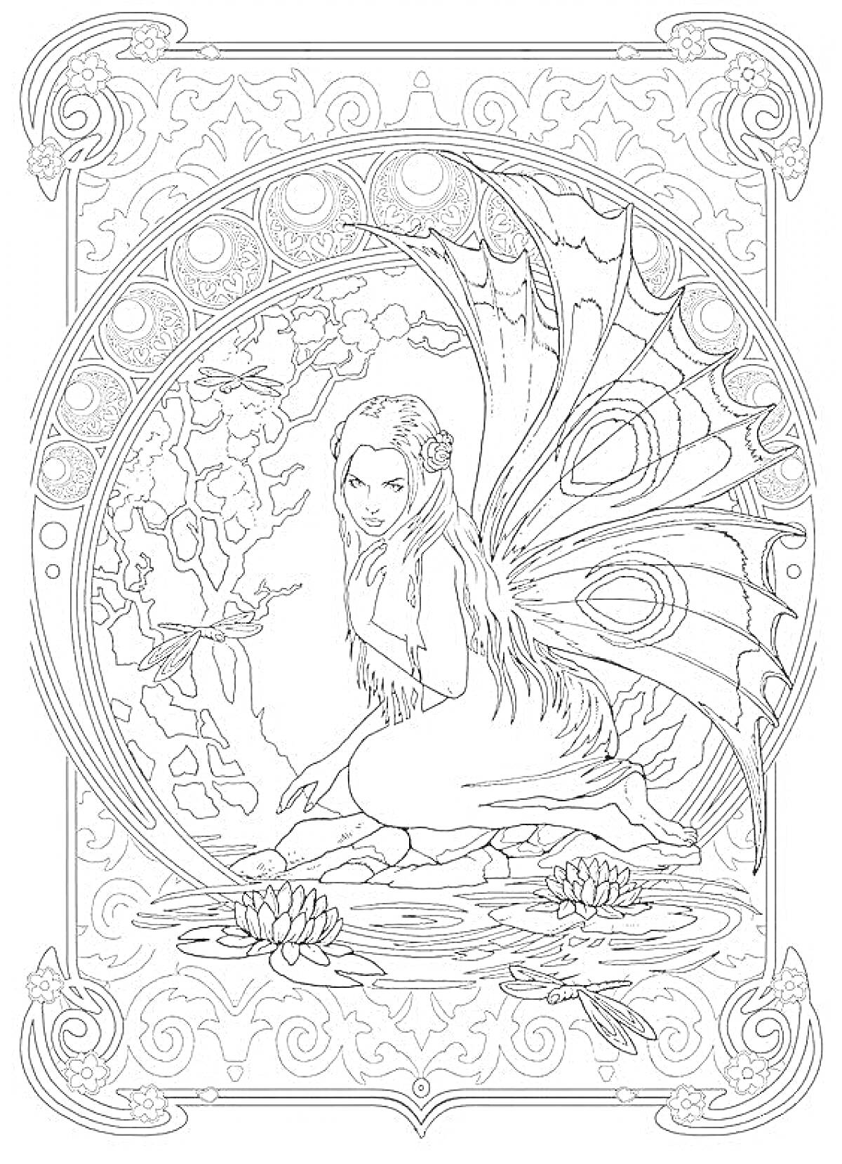 Раскраска Фея с крыльями на коленях у водоема с цветами и стрекозами в декоративной рамке