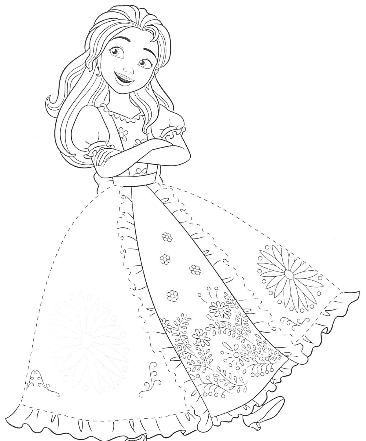 На раскраске изображено: Девочка, Принцесса, Длинные волосы, Платье, Цветочный узор, Артефакт