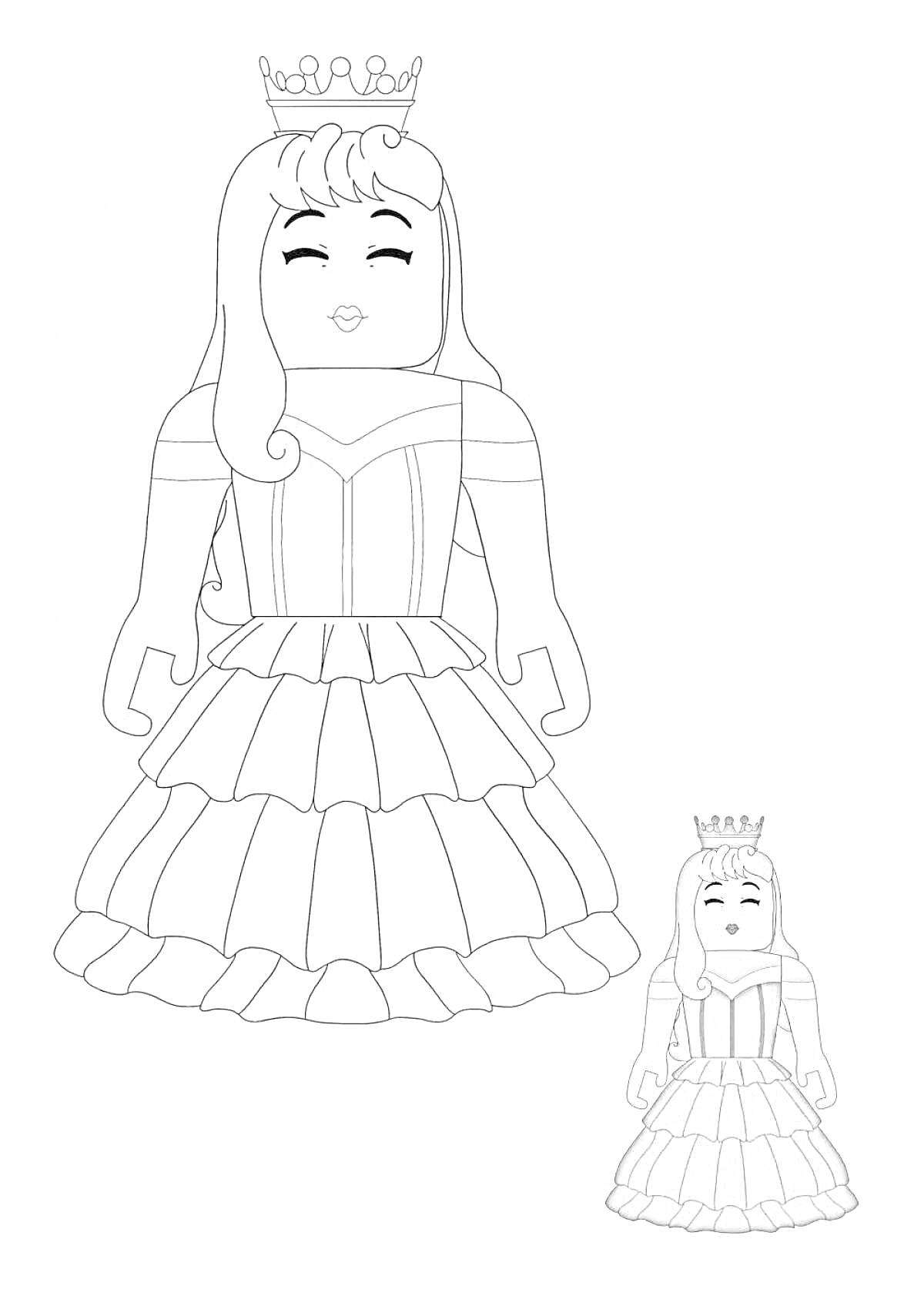 Раскраска Принцесса в платье со вьющимися волосами и короной, изображение персонажа роблокс для девочек