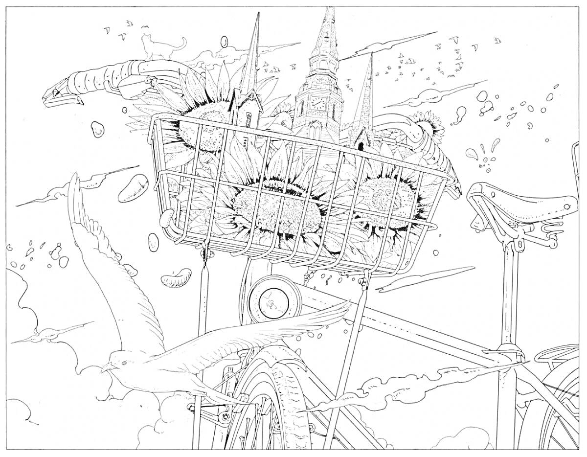 Раскраска Велосипед с корзиной, наполненной подсолнечниками и достопримечательностями, в сопровождающих летящих чайках