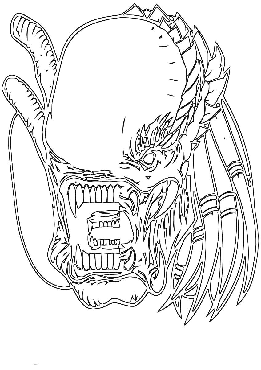 Раскраска Голова Чужого с раскрытой пастью и жвалами, щупальца и кости на голове
