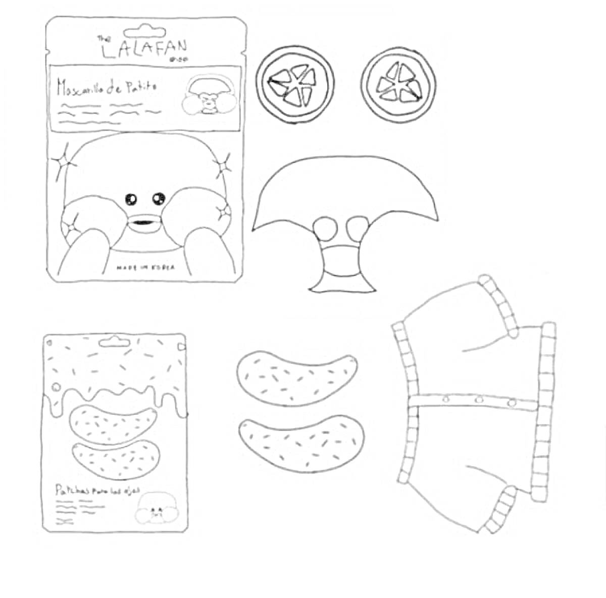 Раскраска Косметика для уточки Лалафанфан - упаковка маски для лица, упаковка масок для глаз, две круглые баночки, точки под глаза, шорты