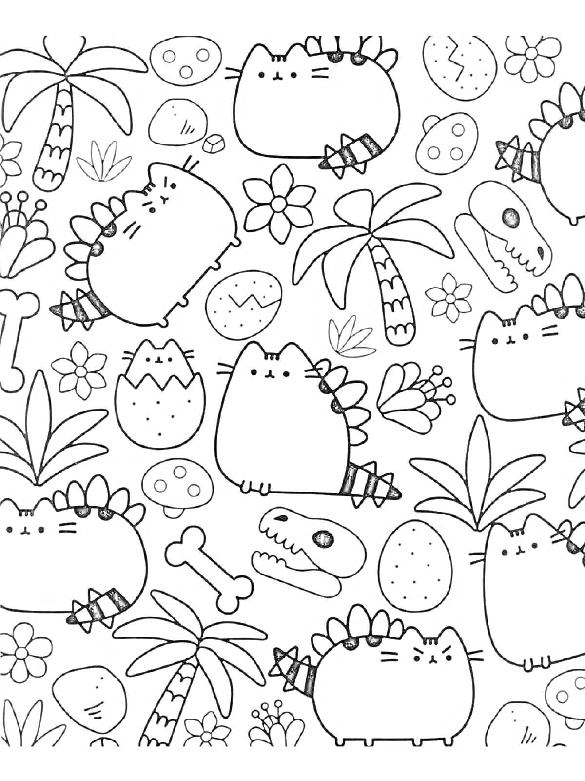 Раскраска Кот Пушин в стиле динозавра среди цветков, пальм и костей