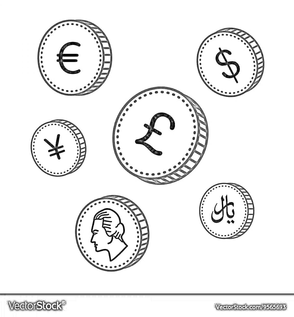 Раскраска Монетки с символами валют: евро, доллар, иена, фунт стерлингов, портрет, рупия