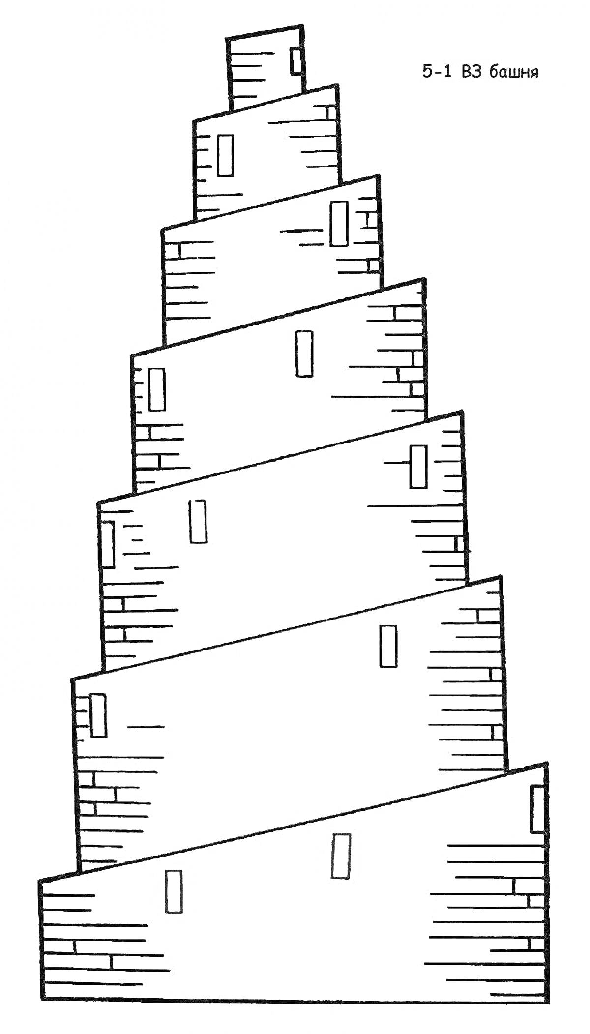 Раскраска вавилонская башня с кирпичными стенами и окнами