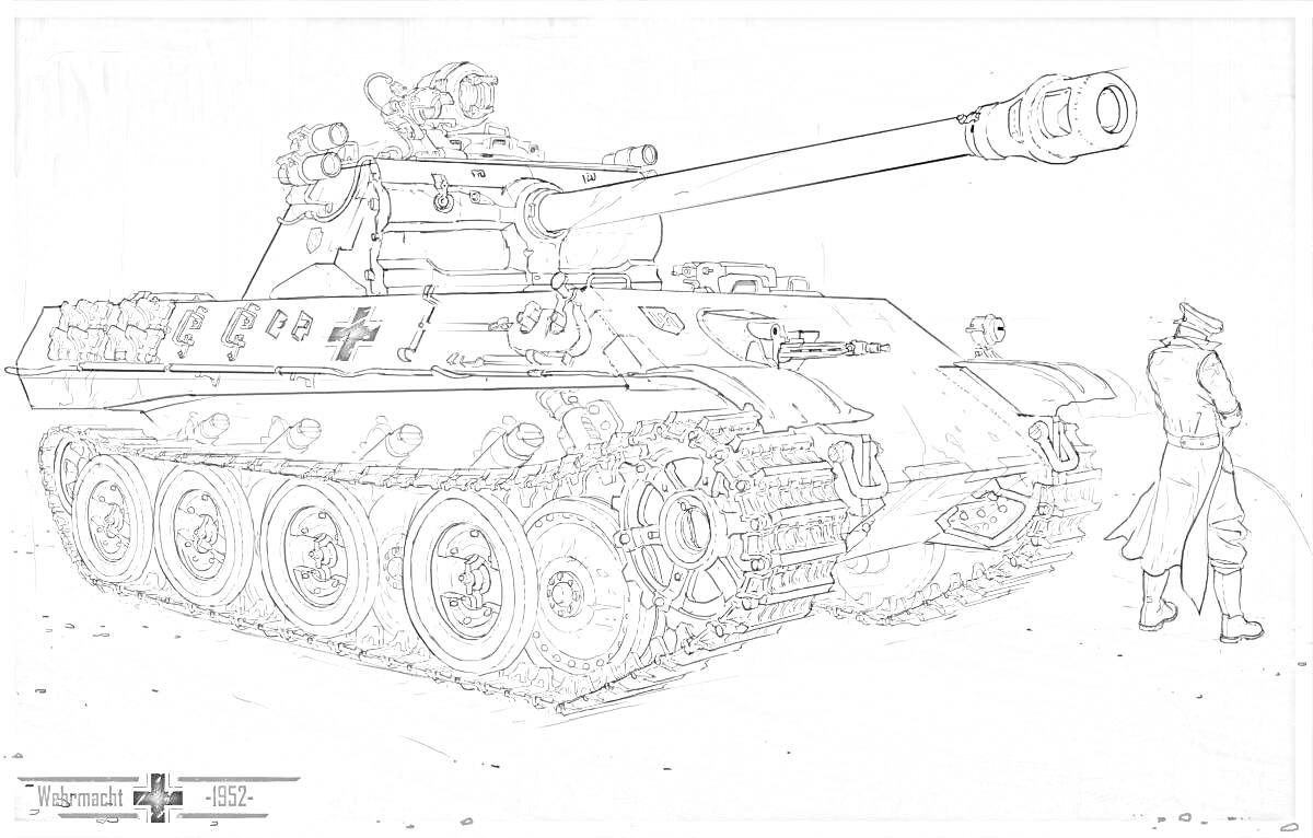На раскраске изображено: Танк, Пантера, Вторая мировая война, Военное оборудование, Орудие, Гусеницы