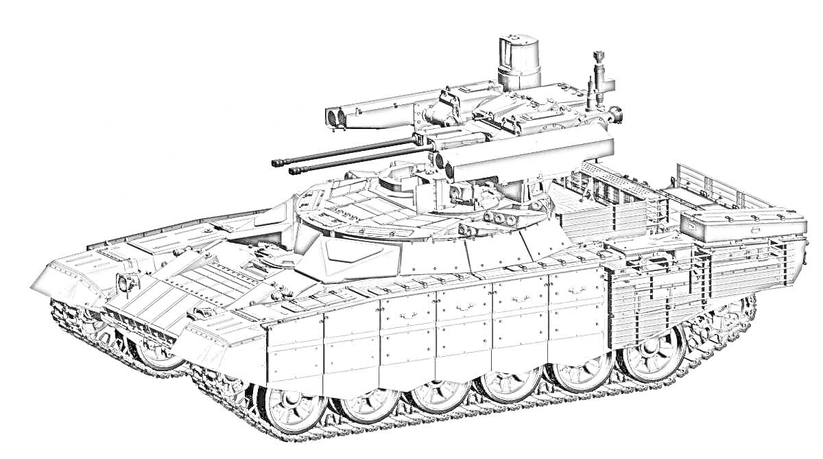 Раскраска Танк терминатор с башней, пушками и гусеницами