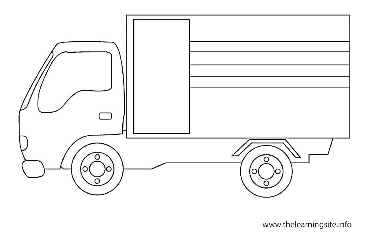На раскраске изображено: Грузовая машина, Транспорт, Колёса, Кузов