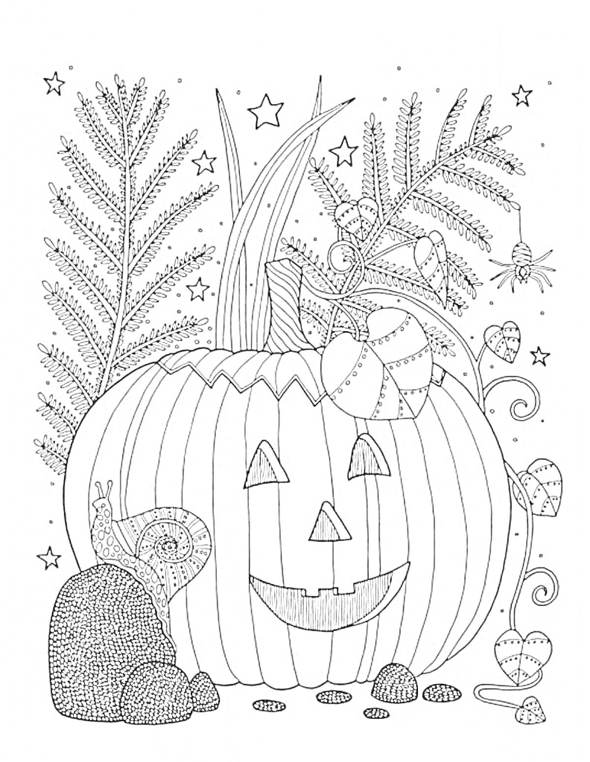 Раскраска Хэллоуинская тыква с листьями, пауком, сердцем и улиткой