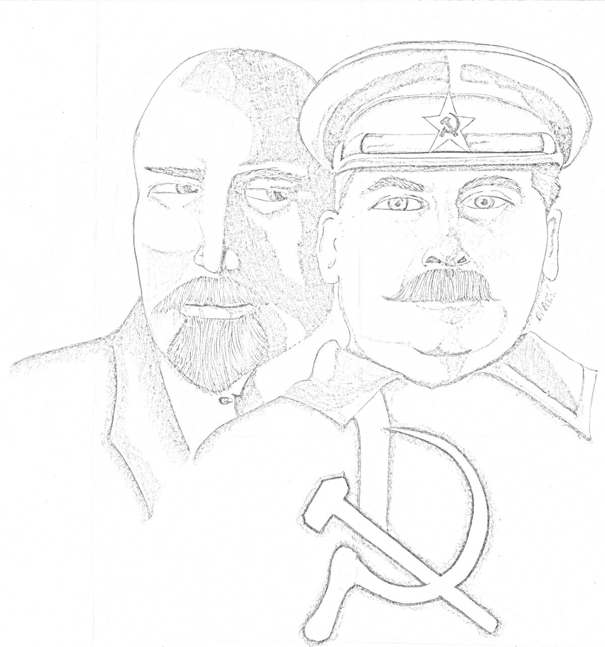 Раскраска Портреты Ленина и Сталина с серпом и молотом