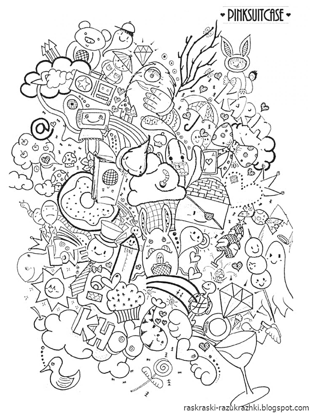 РаскраскаКоллаж с различными элементами: медведи, сладости, кресты, мышка, улитка, здания, бриллианты, сердечки, зонтики, привидения.