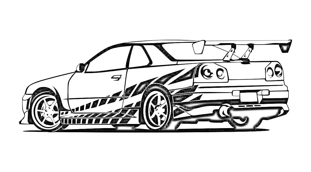 Раскраска Nissan Skyline R34 с обвесом и спортивным спойлером, вид сзади и сбоку, модель с аэродинамическими наклейками