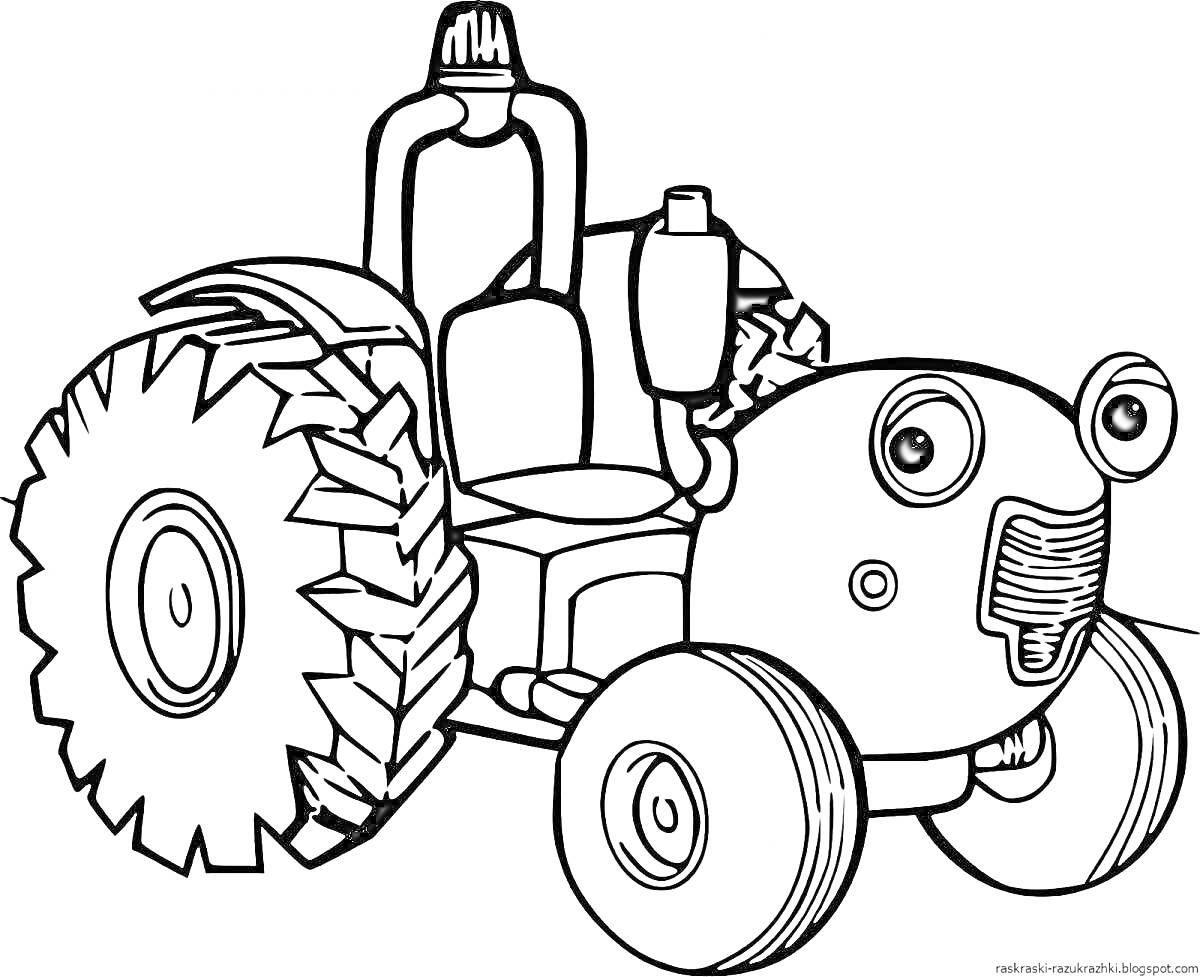 Раскраска Трактор с большими задними колесами и маленькими передними, с фарами, сиденьем и выхлопной трубой