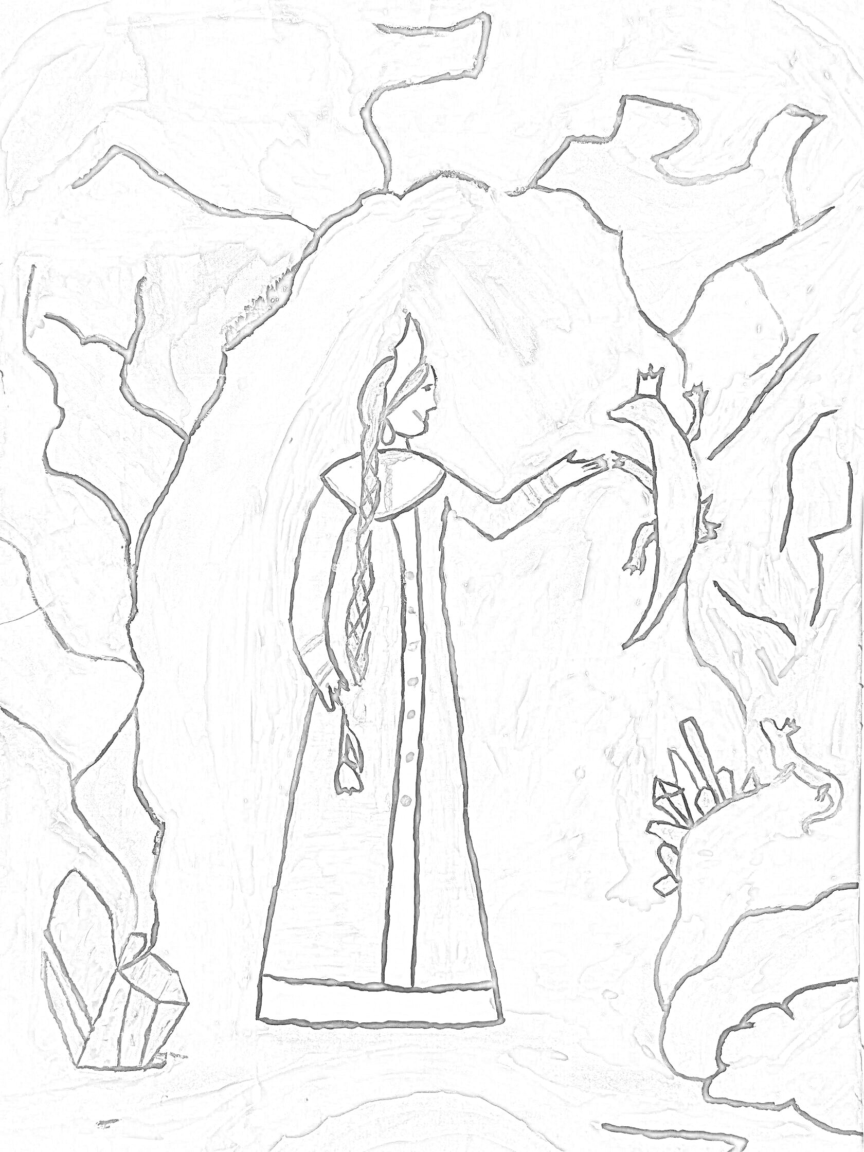 На раскраске изображено: Каменный цветок, Бажов, Женщина, Зелёное платье, Длинная коса, Пещера, Кристаллы, Скалы