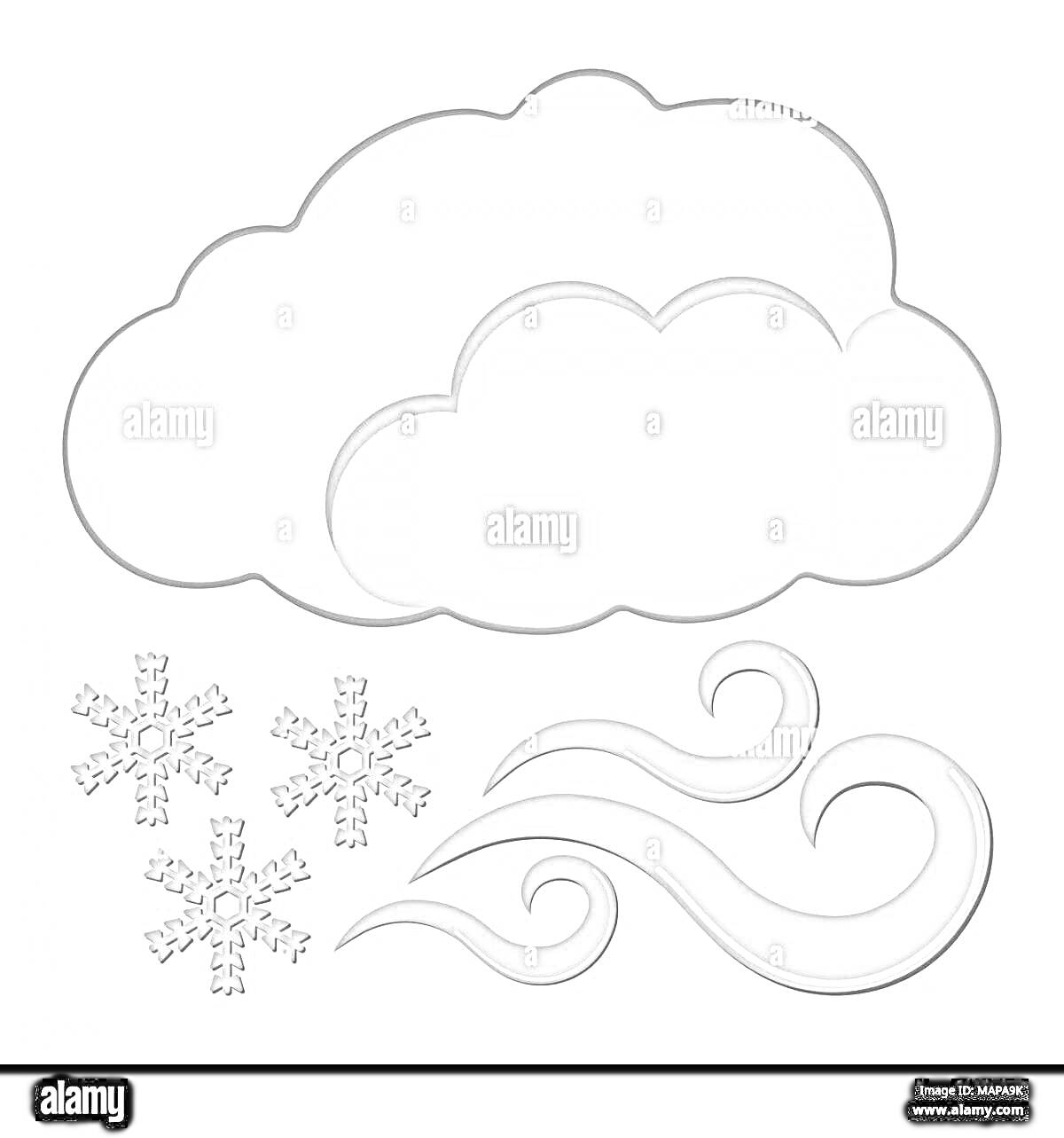 Раскраска Облако с тремя снежинками и завитком ветра